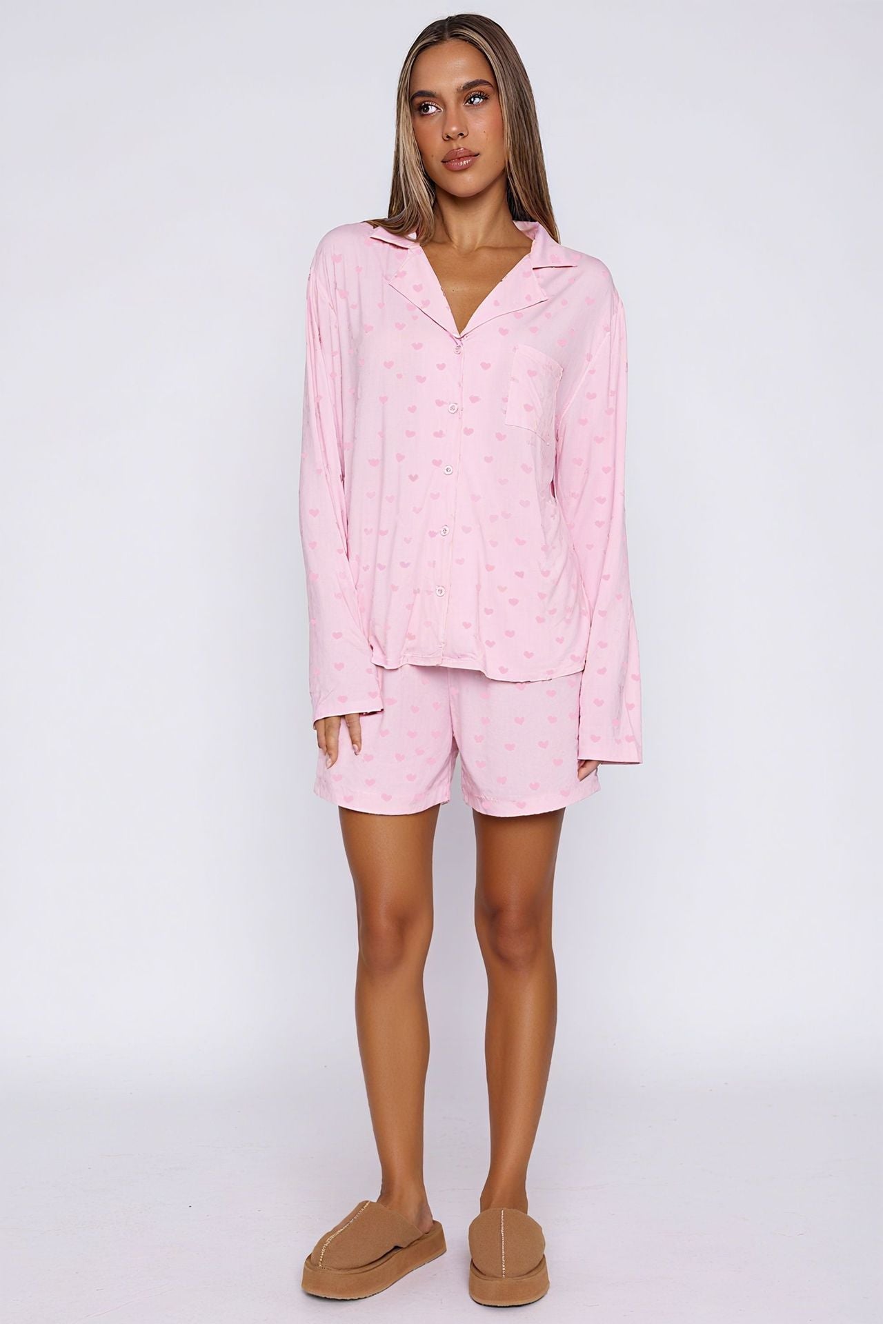 Long Sleeve Pajama Set with Notched Collar and Shorts