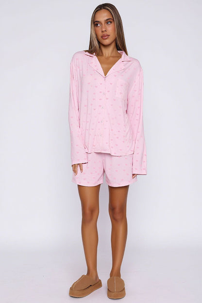 Long Sleeve Pajama Set with Notched Collar and Shorts