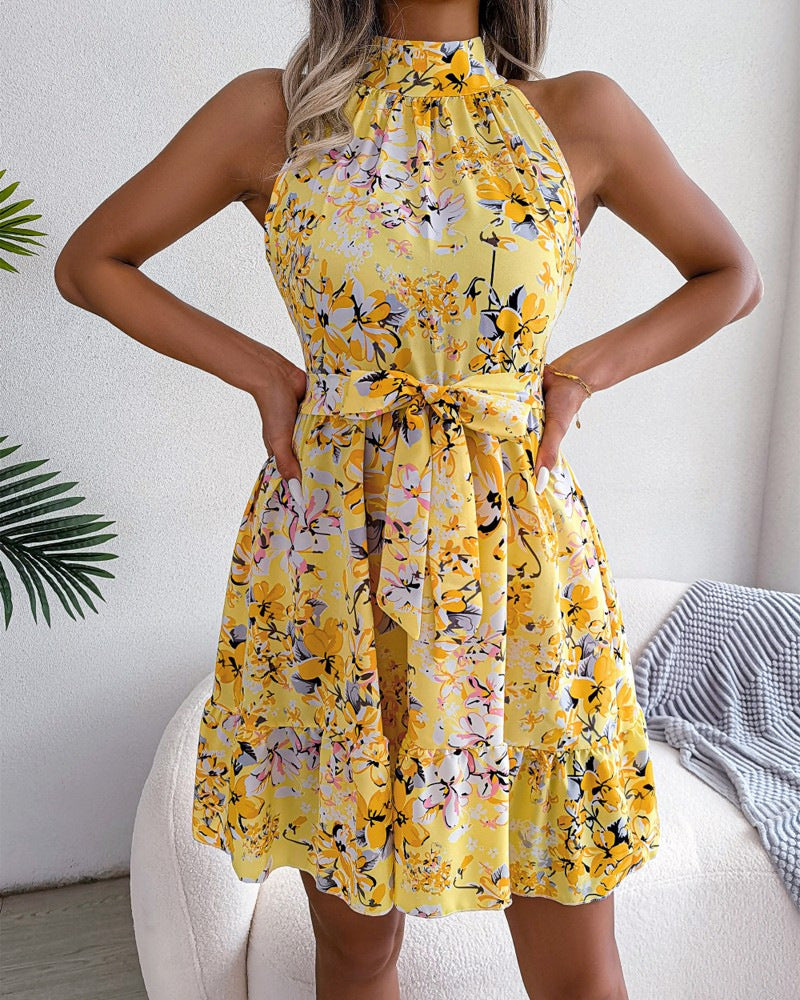 Floral Print Halter Neck Mini Dress with Tie-Waist