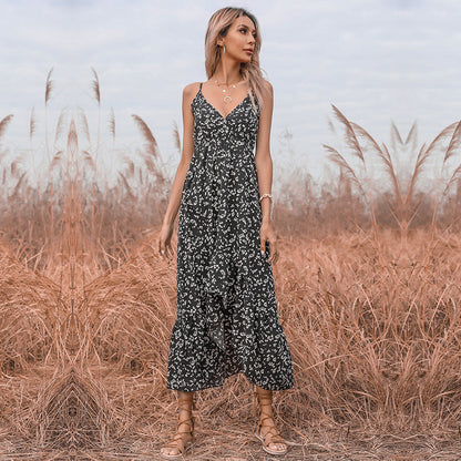 Printed High-Low Maxi Dress with V-Neck and Spaghetti Straps