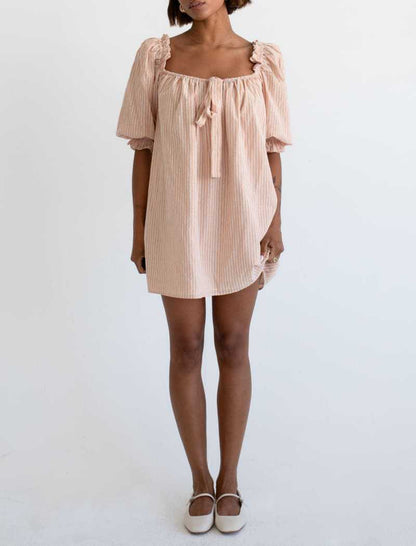 Babydoll Mini Dress with Puff Sleeves and Tie Detail