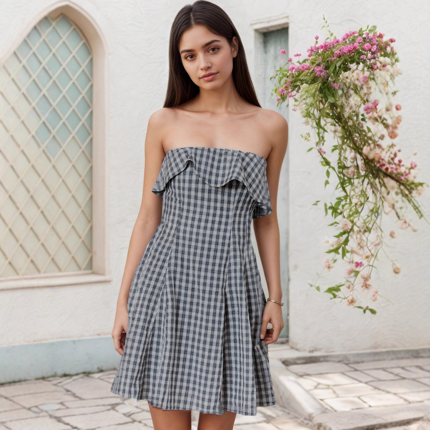Gingham A-Line Tube Top Dress with Ruffle Detail