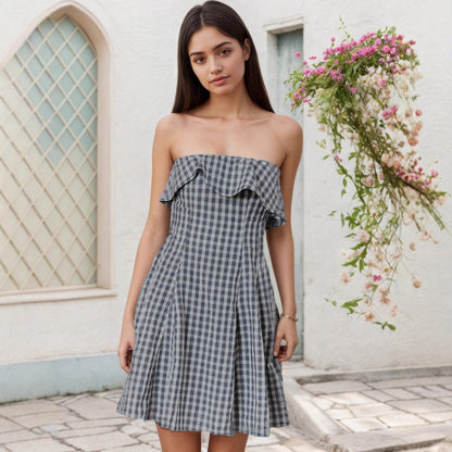 Gingham A-Line Tube Top Dress with Ruffle Detail