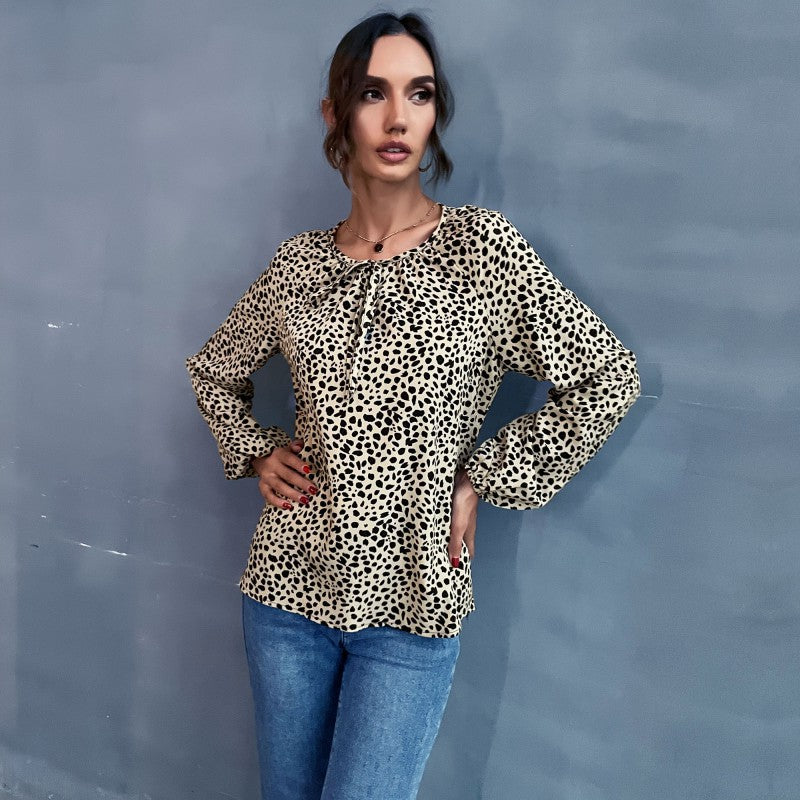 Leopard Print Crewneck Blouse with Tie-Neck and Balloon Sleeves