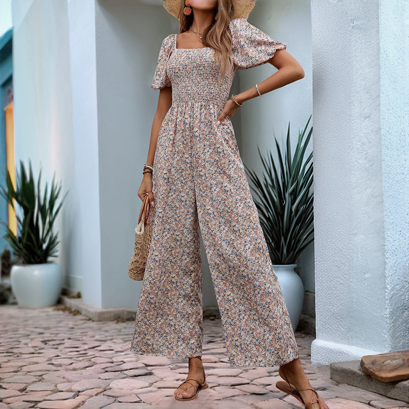Floral Wide-Leg Jumpsuit with Square Neck and Puff Sleeves