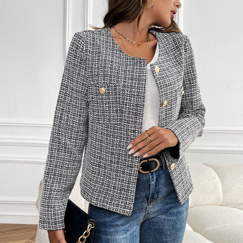 Plaid Tweed Jacket with Round Neck and Gold Buttons