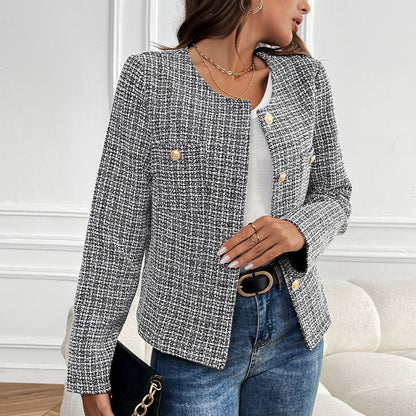 Plaid Tweed Jacket with Round Neck and Gold Buttons