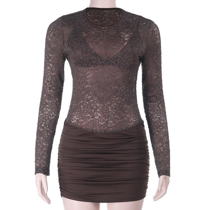 Lace Patchwork Bodycon Mini Dress with Ruched Skirt
