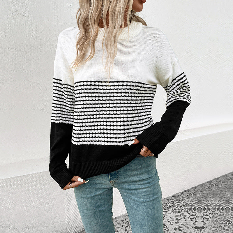 Loose Fit Striped Color-block Sweater with Crewneck