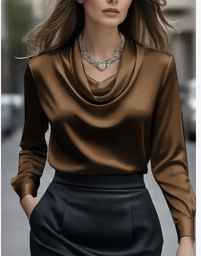 Solid Satin Blouse with Cowl Neck and Long Sleeves