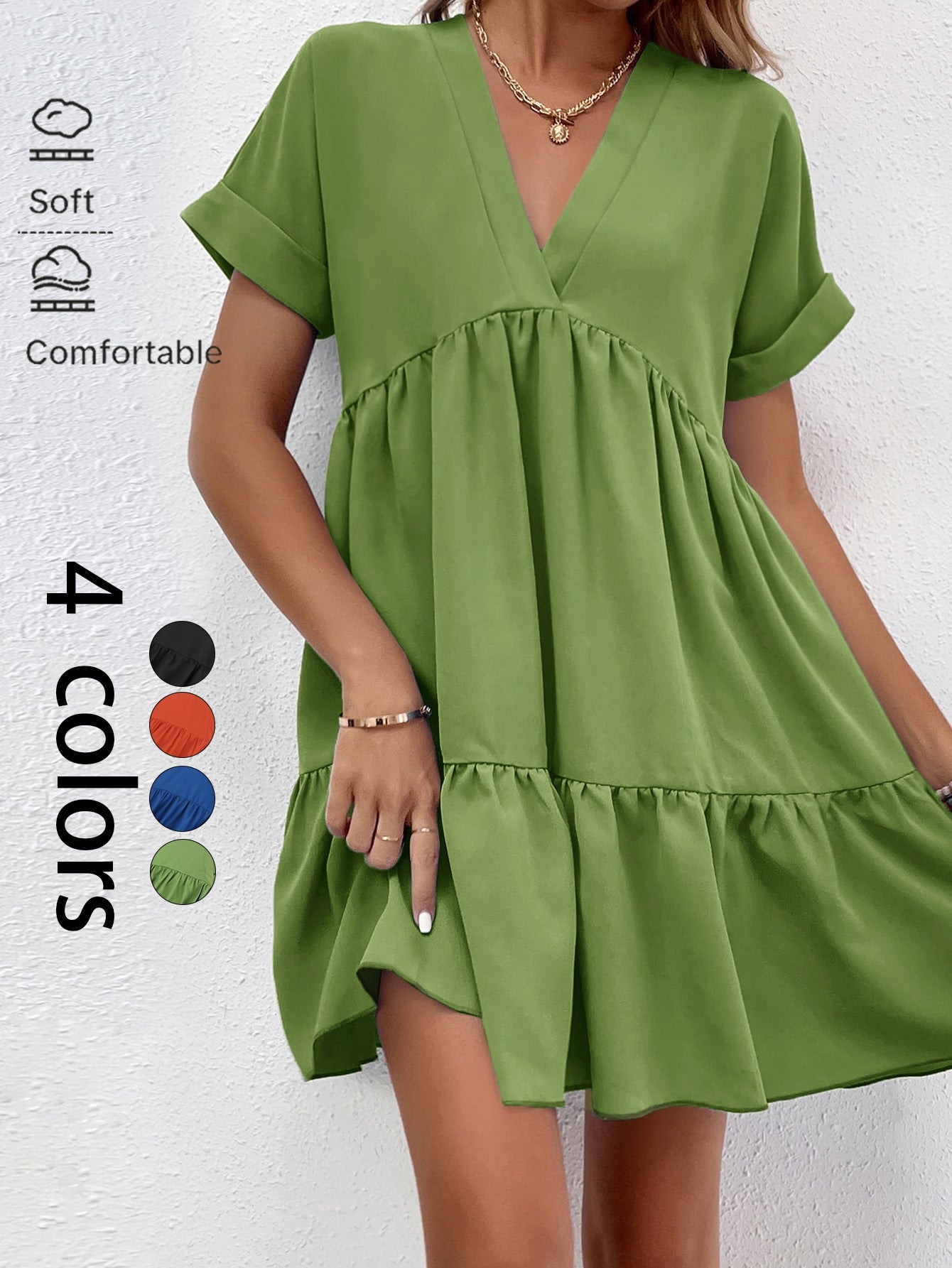 Tiered Babydoll Mini Dress with V-Neck and Short Sleeves