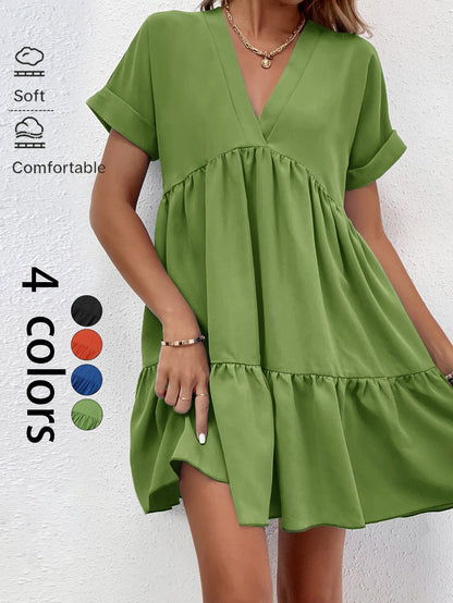 Tiered Babydoll Mini Dress with V-Neck and Short Sleeves