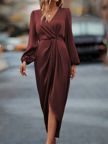 Polyester Draped Midi Dress with Crossover V-Neck and Long Puff Sleeves