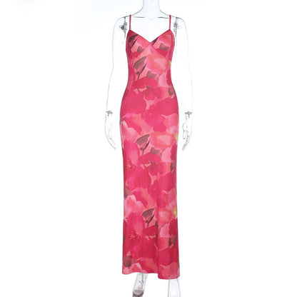 Slim Fit Floral Maxi Dress with V-Neck and Spaghetti Straps