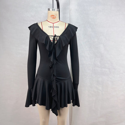 V-Neck Ruffled Irregular Hem Dress Short Sleeve, Solid Color