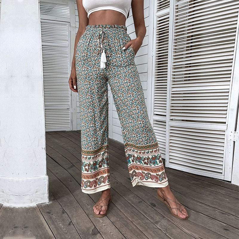 Floral Print Wide-Leg Pants with High Waist and Tassel Drawstring