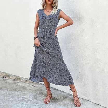 Floral A-Line Midi Dress with Button-Front and Tie-Waist