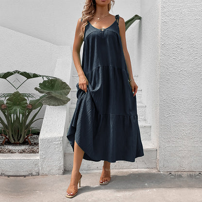 Solid Tiered Maxi Dress with Tie-Shoulder Straps