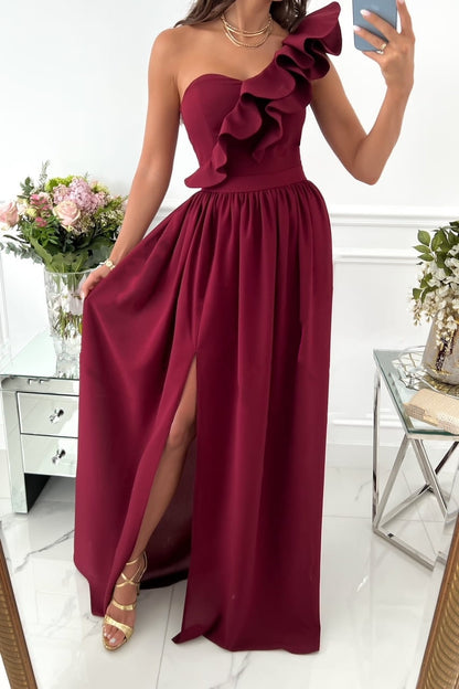 Maxi Dress with One-Shoulder Ruffle and High Slit