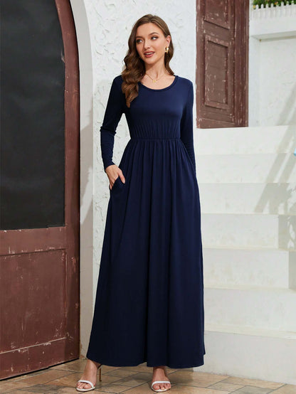 High-Waisted A-Line Maxi Dress with Long Sleeves and Pockets