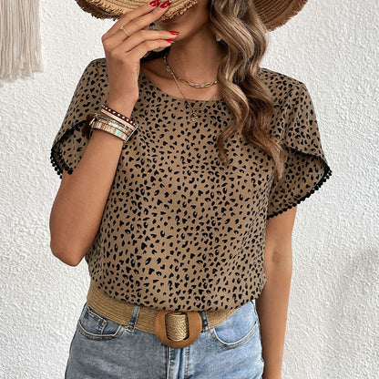 Leopard Print Pullover Top with Trimmed Flutter Sleeves