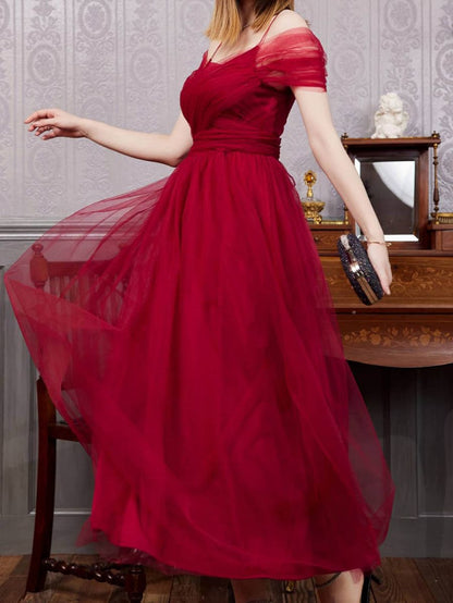 A-Line Midi Dress with V-Neck and Mesh Off-Shoulder Sleeves