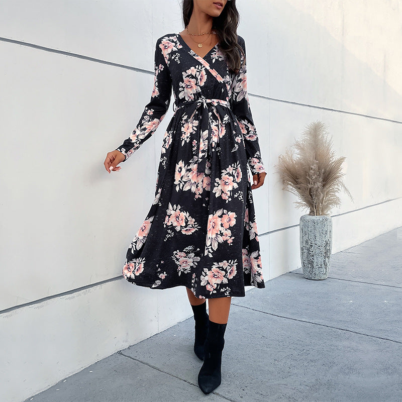 Floral Print A-Line Midi Dress with V-Neck and Long Sleeves