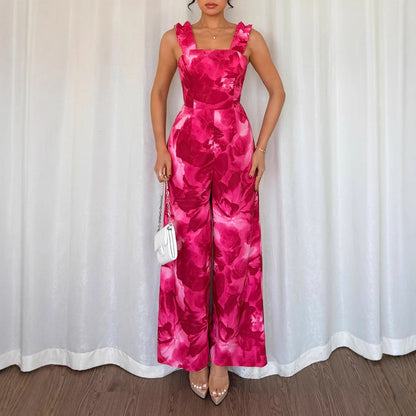 Floral Print Wide-Leg Jumpsuit with Ruffled Straps
