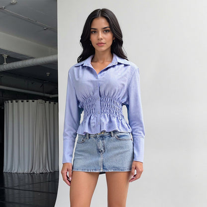 Striped Peplum Shirt with Smocked Waist and Long Sleeves