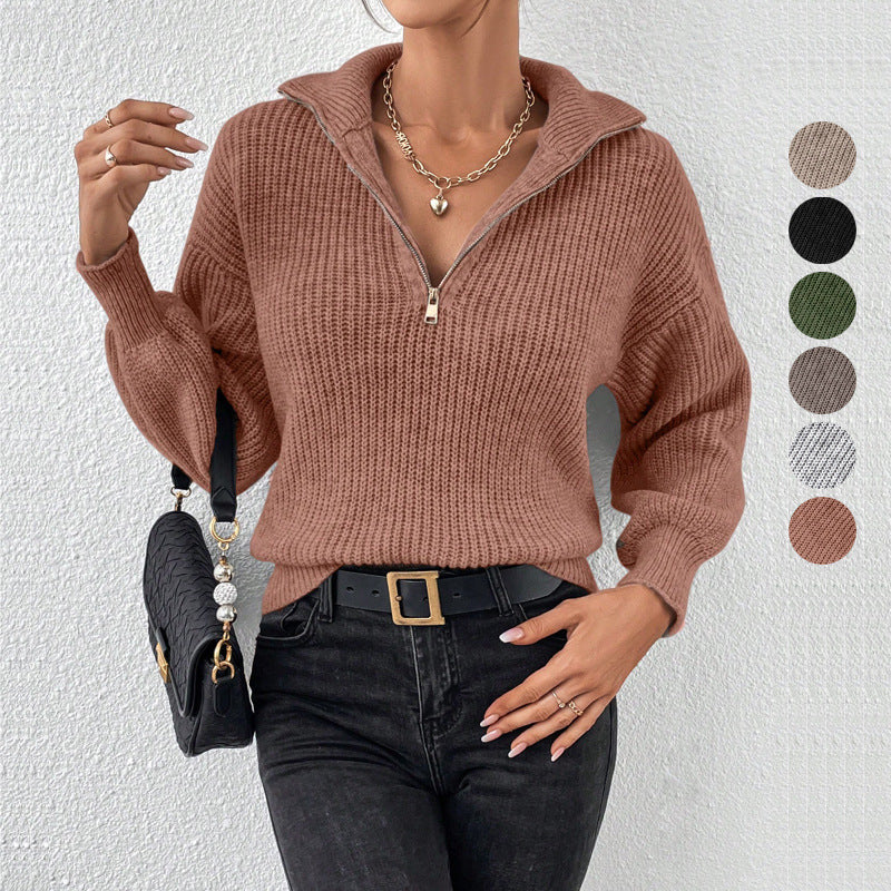Loose Ribbed Knit Pullover with Half-Zip Polo Collar