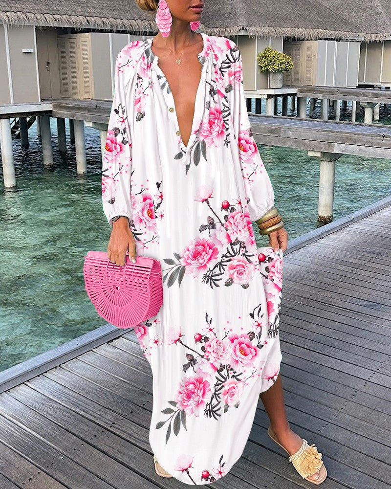 Abstract Print Maxi Dress with V-Neck and Long Sleeves