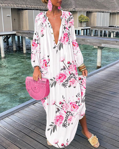 Abstract Print Maxi Dress with V-Neck and Long Sleeves