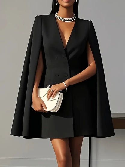 Double-Breasted Blazer Mini Dress with Cape Sleeves