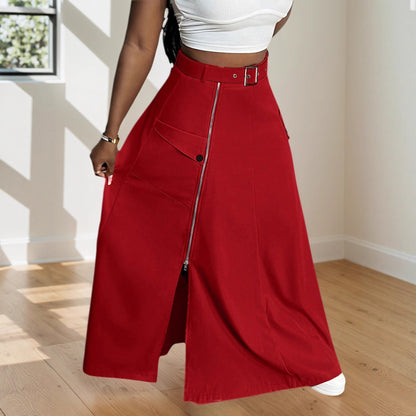 Solid A-Line Maxi Skirt with Belt and Zipper Slit