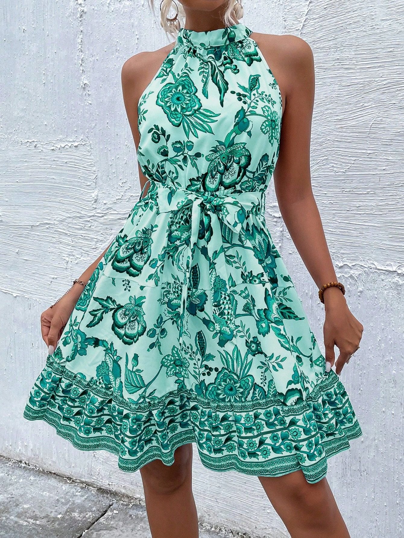 A-Line Floral Print Halter Dress with Tie Waist