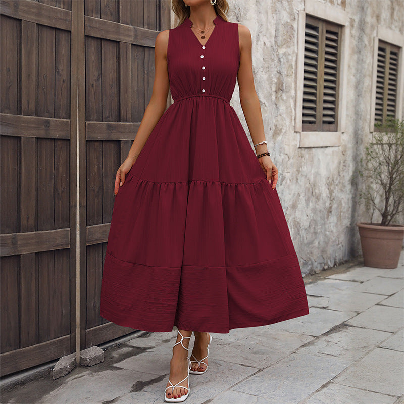 High-Waist A-Line Maxi Dress with V-Neck and Tiered Skirt