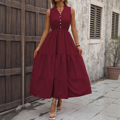 High-Waist A-Line Maxi Dress with V-Neck and Tiered Skirt