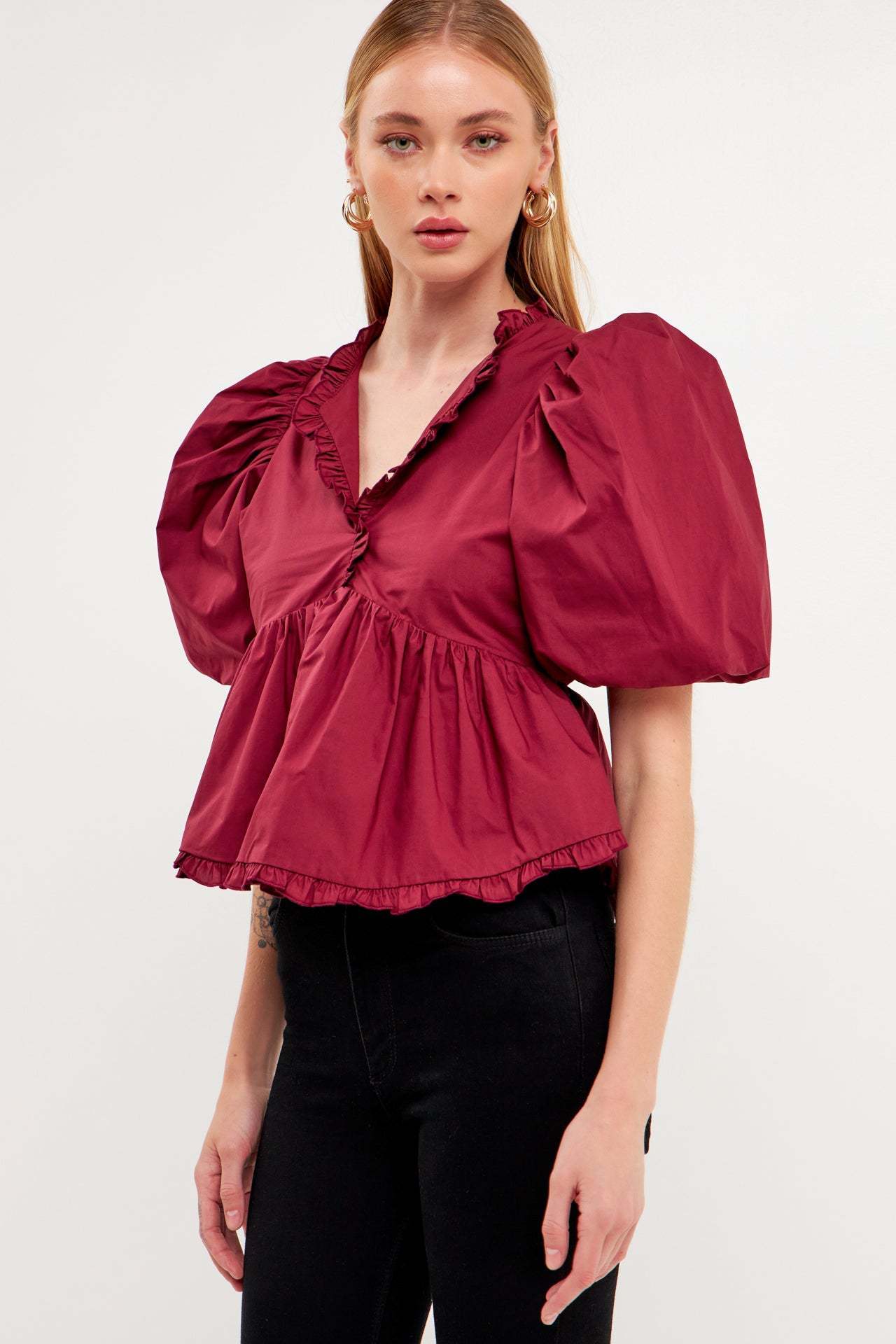 Peplum Blouse with Bubble Sleeves and Ruffle V-Neck