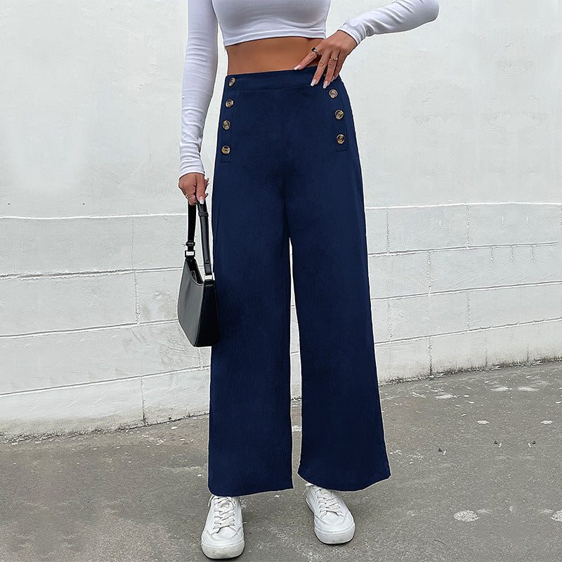 Straight-Leg Trousers with High-Waist Button Front