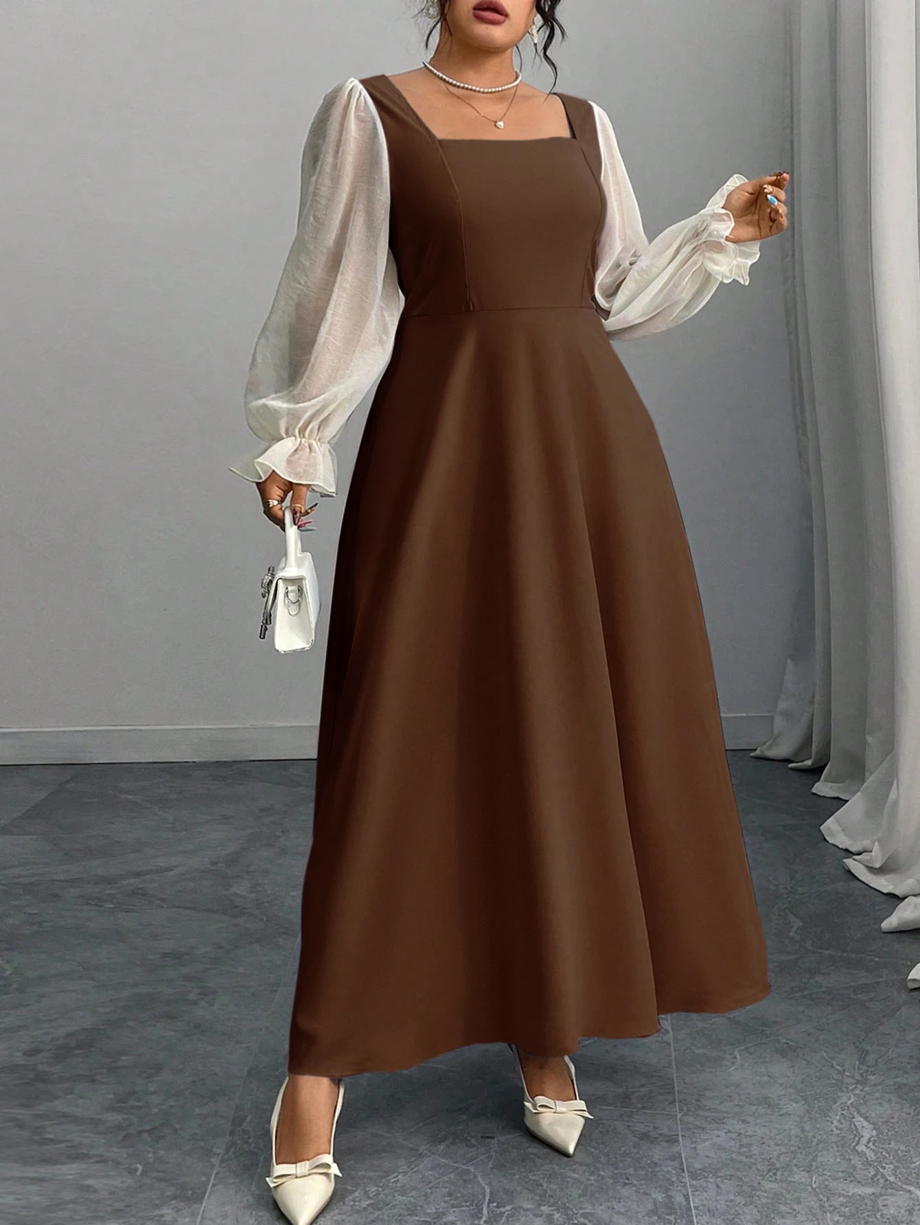 A-Line Maxi Dress with Square Neck and Sheer Puff Sleeves