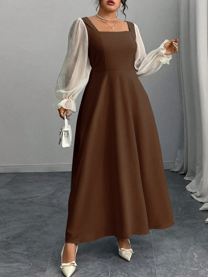A-Line Maxi Dress with Square Neck and Sheer Puff Sleeves