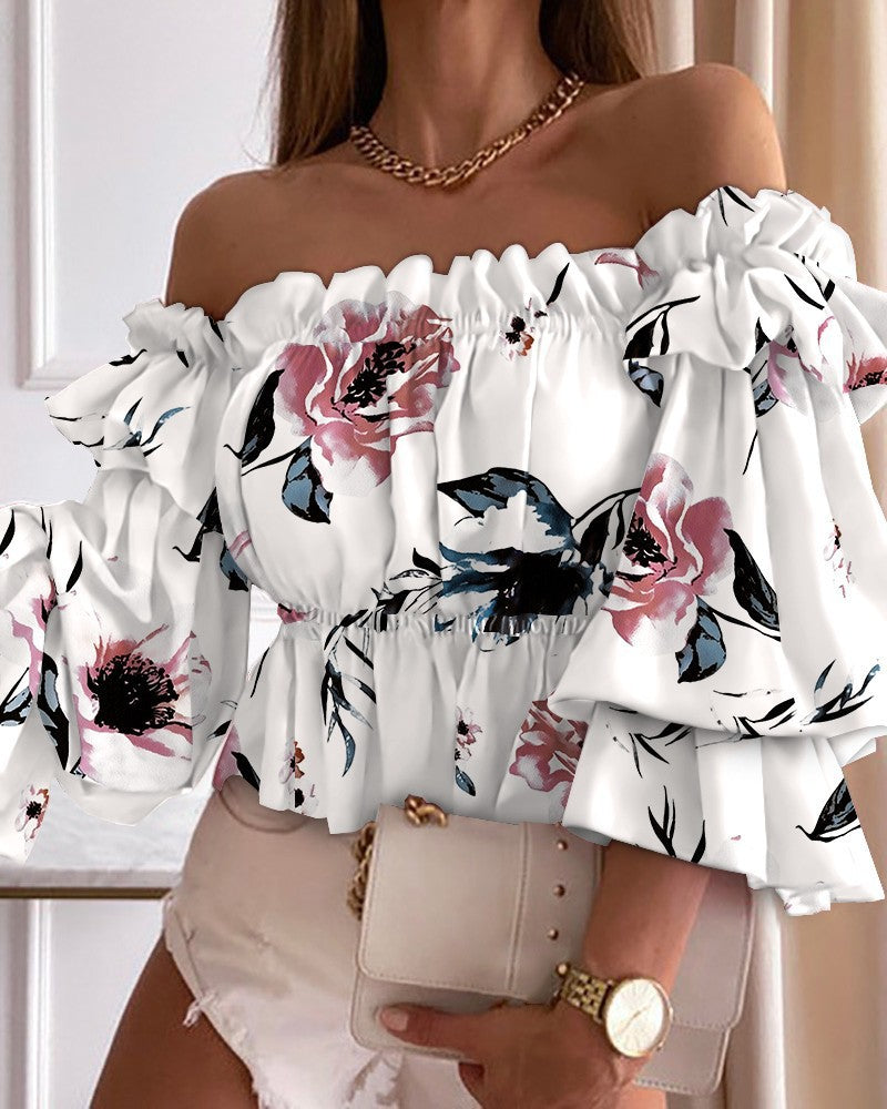 Printed Off-the-Shoulder Blouse with Peplum Hem