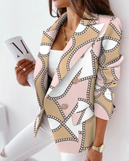 Printed Double-Breasted Blazer with Long Sleeves