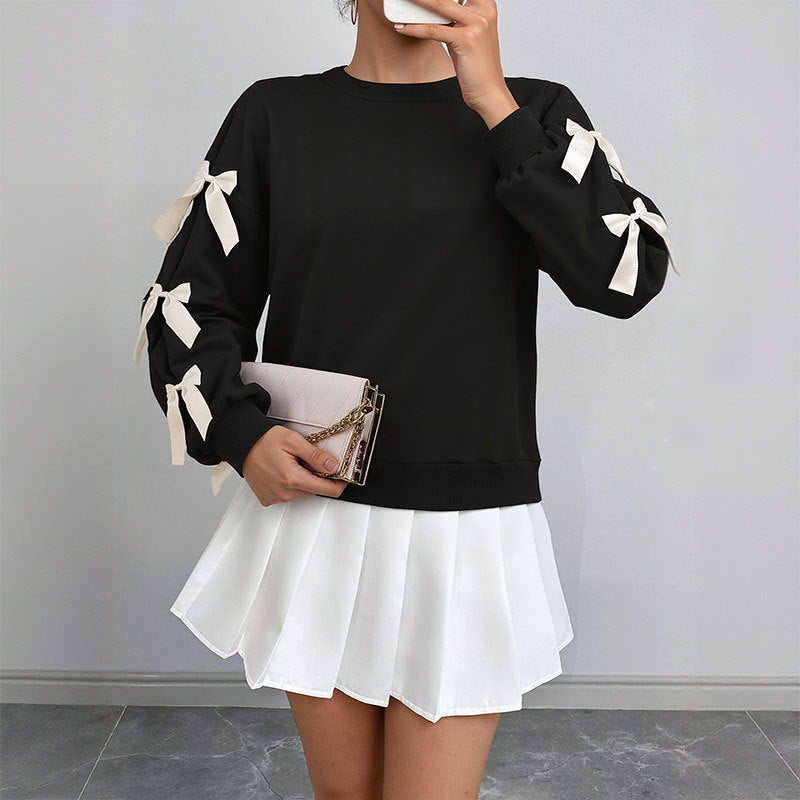 Loose Solid Sweatshirt with Bowknot Sleeve Details