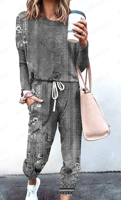 Spliced Long Sleeve Loungewear Set with Jogger Pants