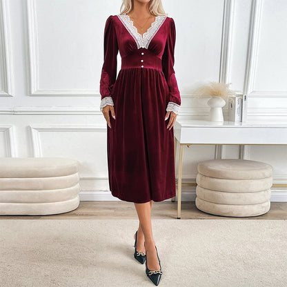 A-Line Velvet Midi Dress with Lace V-Neck and Puff Sleeves