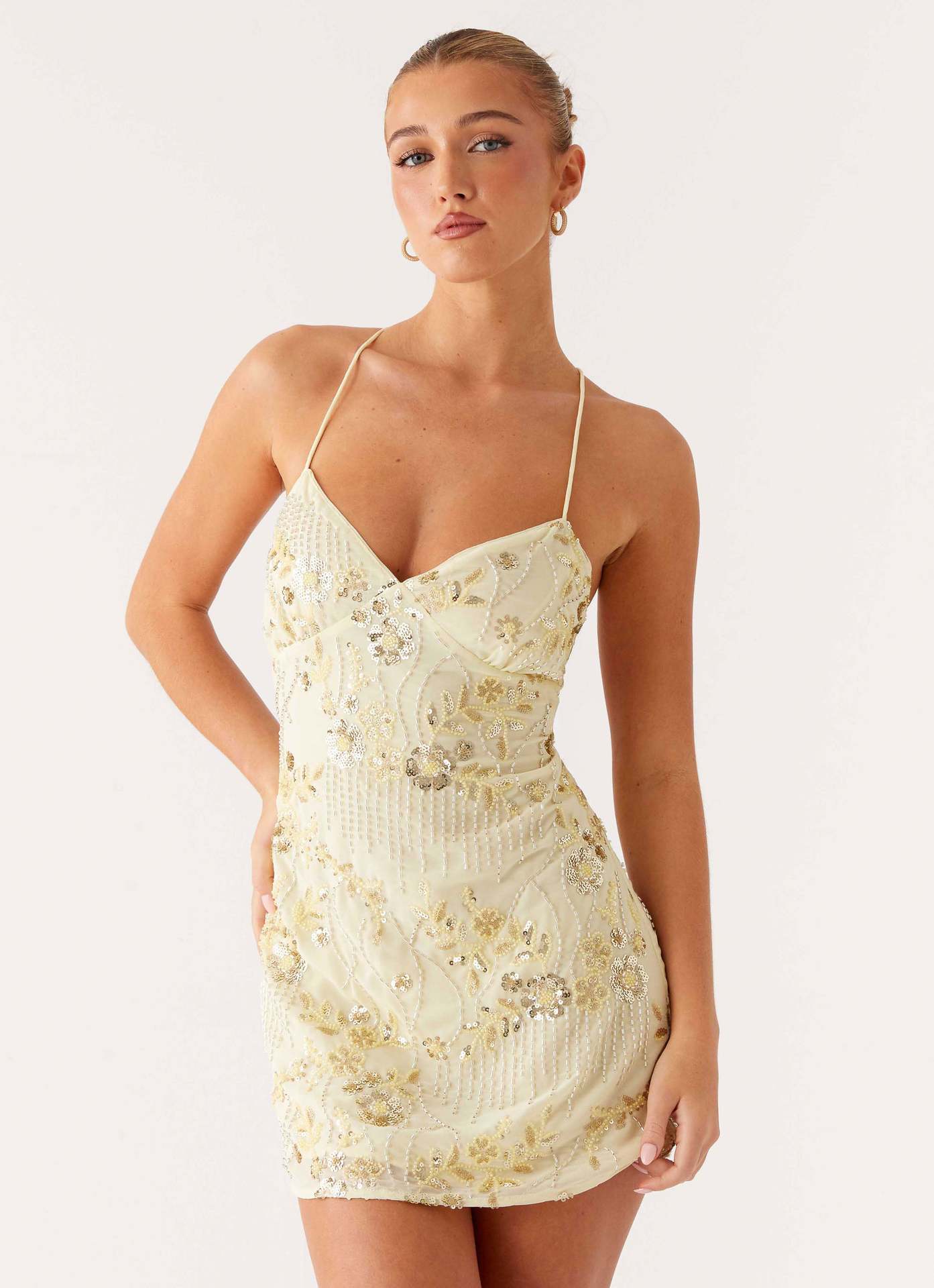Floral Embroidered Bodycon Mini Dress with Sequins