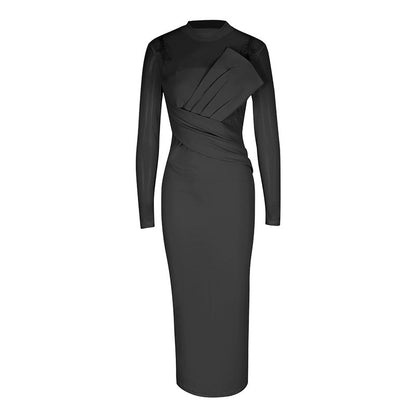 Bodycon Midi Dress with Sheer Mesh Top and Draped Bodice