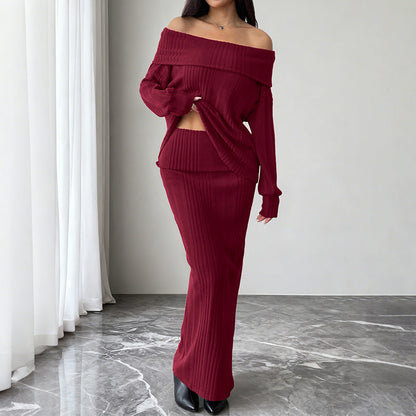 Ribbed Off-Shoulder Two-Piece Set with Maxi Skirt