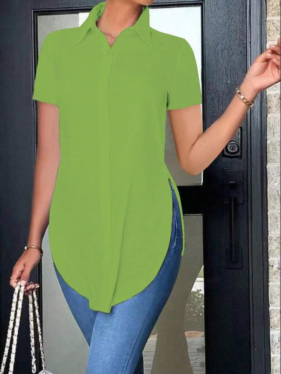 Short Sleeve Button-Down Shirt with Curved High-Low Hem